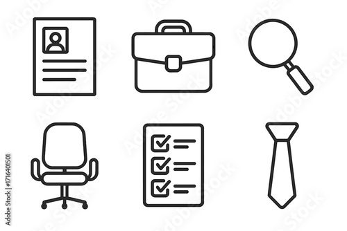 Job search and recruitment linear icons set. Human resources concepts with resume, cv, briefcase, magnifier for vacancy search, office chair, checklist, tie for interview.
