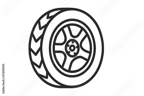Car tire wheel icon in linear style, automotive rim symbol, vehicle tire silhouette illustration, black and white automotive design, transport vehicle part vector graphic