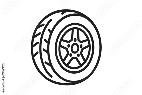 Car wheel and tire icon vector illustration, linear style automotive rim symbol, black outline tire design with star spokes on transparent background, transport and vehicle tire concept