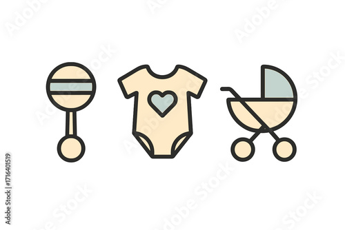 Minimal baby essentials icon set. Vector cartoon illustration of rattle, onesie, and stroller for new parents. Simple flat design elements for newborn baby shower.