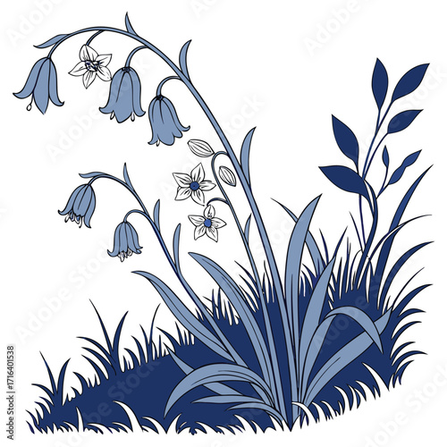 Bluebell flowers and grass illustration Floral design element Nature scene Vector graphic Isolated on white background