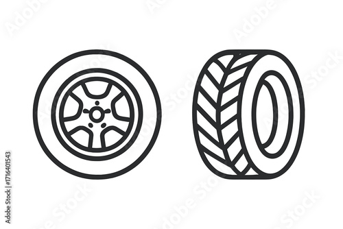 Car wheel and tire vector icons with rim and tread pattern, automotive parts illustration in linear style, vehicle wheel set, transparent background, auto tire symbols