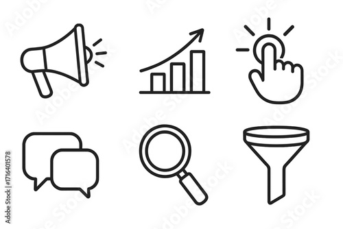Business and marketing linear icons set. Megaphone for promotion, growth chart for analytics, click for CTA, chat for communication, search and sales funnel for data. Vector UI UX kit.