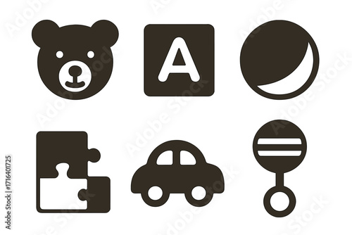 Baby toys icon set. Minimalist silhouettes of bear, alphabet block, ball, puzzle, car, and rattle. Vector graphics for newborn, childhood, playtime, and baby shower concepts.