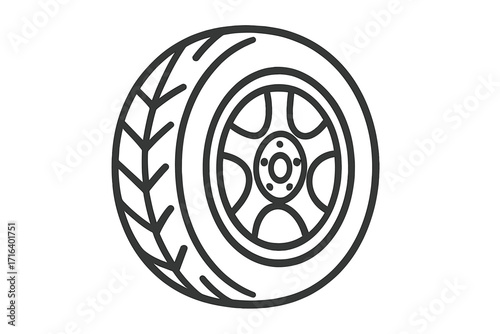 Vector illustration of a car wheel tire with rim, linear style icon, cartoon automotive spare part, black and white outline drawing, isolated on transparent background