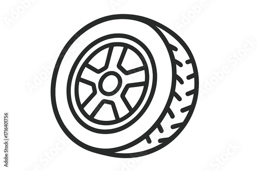 Wheel tire icon linear style, vector cartoon illustration of automotive tire with rim, car wheel symbol with tread pattern, transparent background, isolated set design
