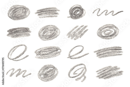 Hand drawn charcoal pencil scribbles set. Collection of grunge sketch textures, doodle shapes, and abstract graphite lines. Vector brush strokes, crayon marks and messy squiggles.