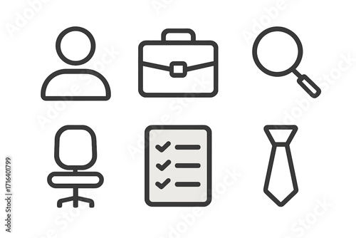 Business icon set vector. Line icons for job search, human resources, employment. Minimalist career symbols like profile, briefcase, search, chair, checklist, tie. Office.