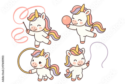 Set of cute baby unicorns in rhythmic gymnastics. Collection of kawaii pony characters doing sports with ribbon, ball, hoop, jump rope. Flat cartoon vector illustration isolated.