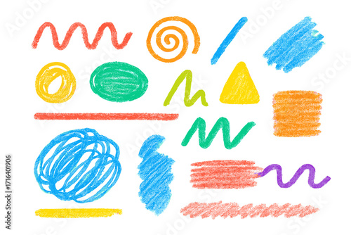 Hand drawn colorful charcoal strokes set. Abstract shapes, lines, and squiggles collection. Childish freehand pencil, chalk, or crayon texture elements for design. Vector.