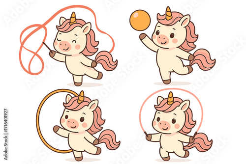 Cute baby unicorns doing rhythmic gymnastics. Set of pony characters with ribbon, ball, hoop, skipping rope. Adorable mascot sport collection. Flat cartoon vector illustration.