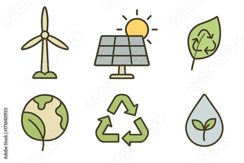 Renewable energy and sustainability icon set. Minimalist eco friendly symbols. Vector cartoon illustration of wind power, solar panel, recycling, earth globe, and green leaf.