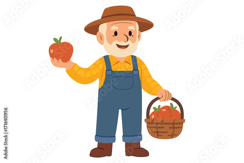 Old man farmer cartoon character holding a red apple and basket. Senior gardener smiling with fresh fruit harvest. Vector illustration for agriculture or organic food concept.