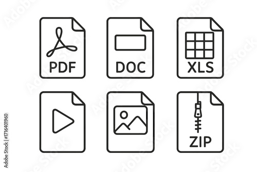 File format line icon set. Minimalist vector symbols for PDF, DOC, XLS, media, image, and ZIP archive. Document and data pictograms for web, app, and UI interface design.