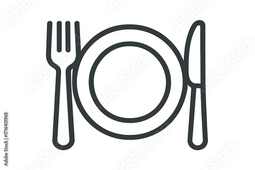 Plate, fork, knife line icon. Restaurant symbol. Dining, food, and meal concept. Cutlery and tableware for breakfast, lunch or dinner. Vector illustration for cafe menu.