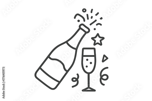 Champagne bottle popping and glass line icon. Vector for party, New Year, anniversary celebration. Sparkling wine toast for holiday event. Success, victory concept outline symbol.