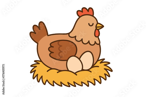 Cute cartoon hen sitting on a nest with eggs. Chicken laying fresh organic eggs on a farm. Poultry farming, agriculture and food concept vector illustration isolated on white.