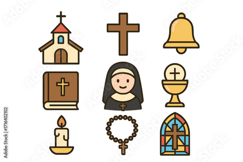 Christian religion icon set. Vector cartoon collection of church symbols. Nun, cross, bible, chalice, rosary, stained glass window. Spiritual faith worship graphic elements.