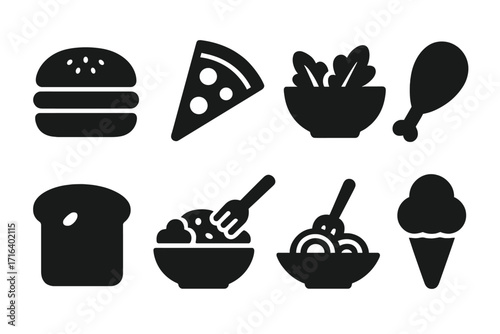 Food icon set in minimalist silhouette style. Vector glyph collection for restaurant menu or delivery app. Includes burger, pizza, salad, chicken, pasta, and ice cream symbols.