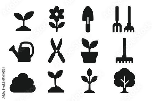 Gardening icons set silhouette. Vector collection of garden tools, plants, and trees. Minimalist flat graphic elements for agriculture, farming, and nature concepts. Grow.