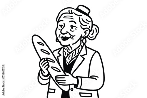 Fashionable senior woman holding baguette. Chic french grandmother with hat and lipstick. Modern old lady portrait. Hand drawn doodle character vector illustration. Cartoon line art.