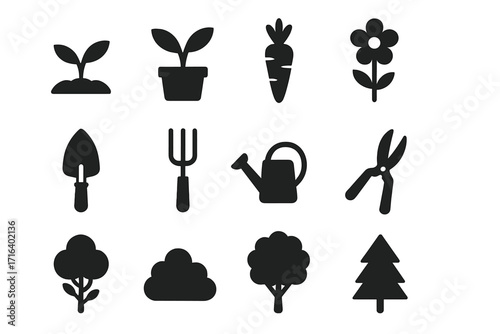 Gardening icon set with minimalist silhouettes. Vector collection of garden tools, plants, trees, and flowers. Equipment for horticulture like trowel, fork, and shears.