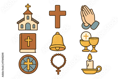 Christianity religion icon set. Vector cartoon collection of church symbols. Faith, worship, prayer concepts. Holy cross, bible, chalice, rosary, and praying hands.