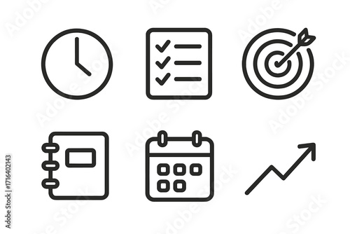 Productivity icon set for business planning and time management. Goal setting, checklist, schedule, and growth concepts. Minimalist vector icons for web and mobile apps.
