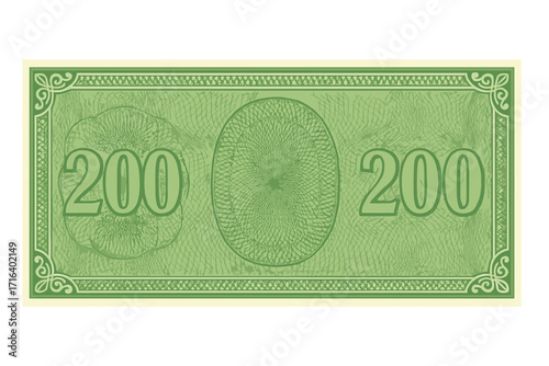 Banknote 200 template. Generic bill design for board game or event. Play money vector with guilloche pattern. Green paper currency. Financial or business concept isolated.