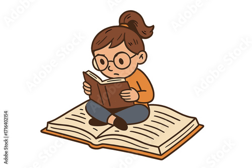 Little student girl reads on a giant book. Metaphor for knowledge, education, and imagination. Bookworm character. School, learning, and literature concept vector illustration.