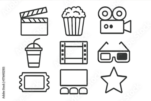 Cinema movie icon set. Film industry symbols collection. Vector line art icons for video production and entertainment. Popcorn, clapperboard, camera, ticket, 3D glasses.