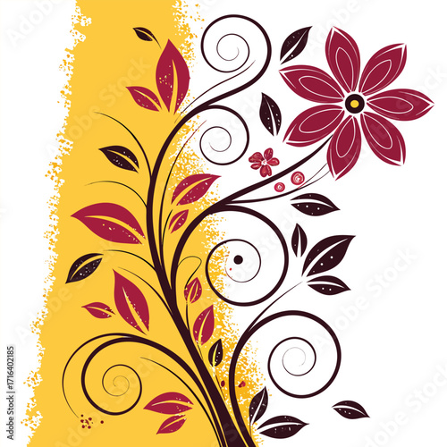 Floral design element with swirls and leaves Decorative flower illustration Vector graphic design element on yellow background