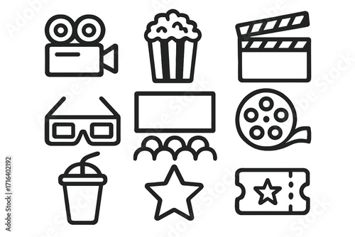 Movie night icons set. Cinema and film entertainment vector line art collection. Includes camera, clapperboard, popcorn, soda, 3D glasses, ticket, film reel and theater symbols.