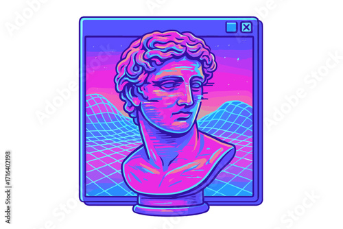 Futuristic vaporwave simulation print with a distorted antique sculpture. Retrowave aesthetic with 3d effect holo grid and PC dialog box. Vector illustration of a greek statue.
