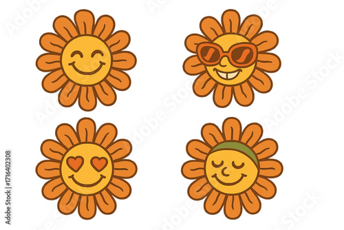 Groovy daisy flowers with retro faces collection. Happy chamomile smiles, 70s style vector characters. Cartoon mascots, vintage floral emoticons and hippie sticker set.