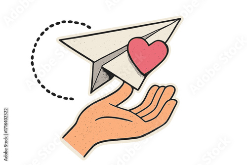 Hand launches a paper airplane with a pink heart. Concept of a love letter, message, or notification. Sending love, online social media vector in retro halftone collage style.