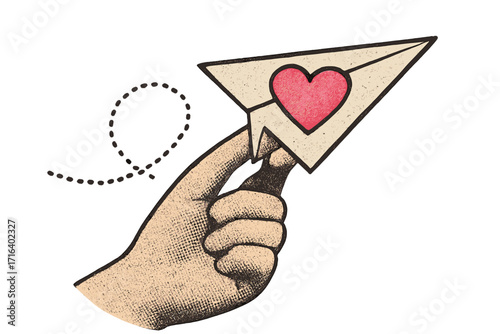 Hand holding paper airplane with heart. Concept of love letter, message, notification. Online social media like icon. Dotted halftone collage style. Retro vector for romance.