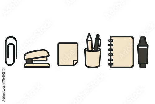 Minimalist office supply set with paper clip, stapler, sticky notes, pen holder with pencil and pen, spiral notebook, and highlighter icons, vector cartoon illustration