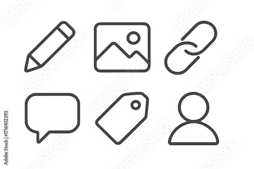 Minimalist outline icons set for web and print, pencil drawing, landscape image, link chain, speech bubble chat, price tag, user profile silhouette, vector cartoon design with transparent background