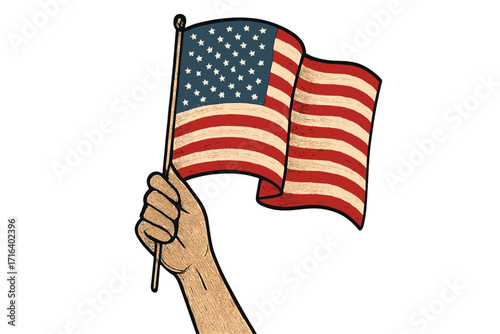 Hand holding waving USA flag vector illustration. American patriotism concept for Independence Day 4th of July. Vintage retro woodcut style. National pride, freedom, protest.