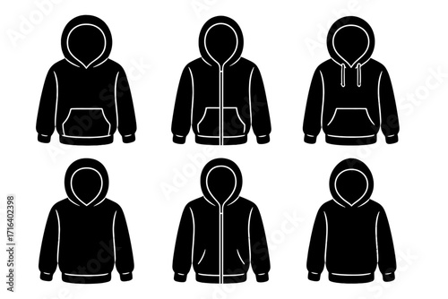 Hoodie silhouette set. Hooded sweatshirt icon pack. Vector clothing template. Pullover and zip-up jacket design elements. Fashion apparel graphic. Streetwear symbol collection.