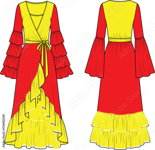 Ruched Bodice, Puff Sleeves, and Tiered Skirt, CAD Drawing