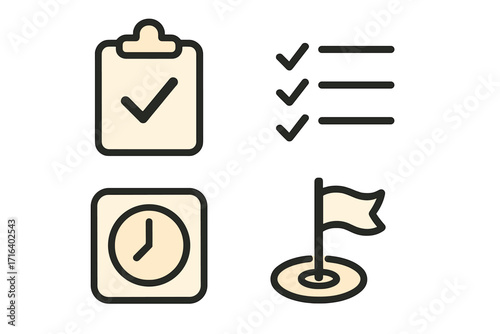 Minimalist task management icons set for productivity apps, checklist, clock time tracking, goal flag, vector cartoon style with transparent background, organized workflow symbols