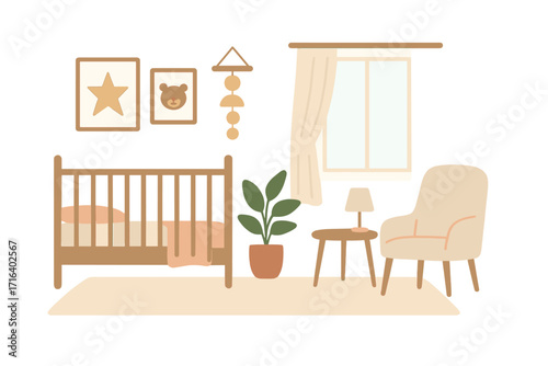 Cozy nursery room interior with furniture. Modern baby and toddler bedroom. Flat cartoon vector illustration. Crib, armchair, houseplant. Scandinavian hygge style home decor.