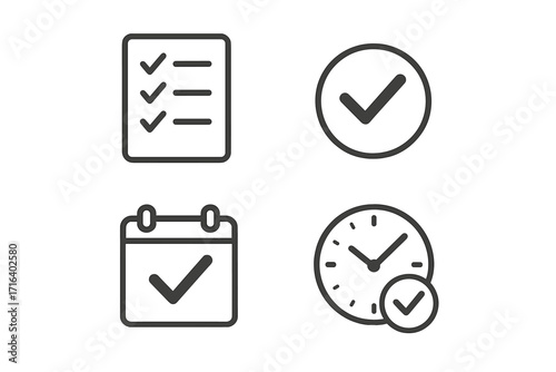 Minimalist task management icons set for productivity apps and tools, vector illustration with checklists, calendar, time tracking and approval marks, transparent background