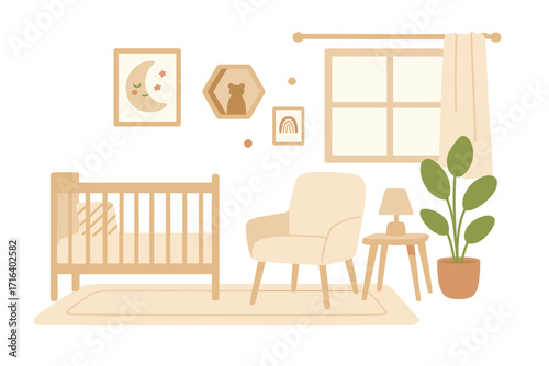 Modern nursery room interior in boho Scandinavian style. Cozy baby bedroom with crib, armchair, and decor. Comfortable, gender-neutral furniture and accessories for toddler.