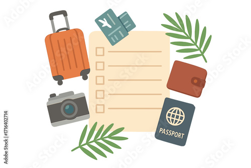 Travel planning concept with packing list for vacation. Journey essentials flat lay vector. Traveler's checklist with luggage, passport, air tickets, camera, and wallet.