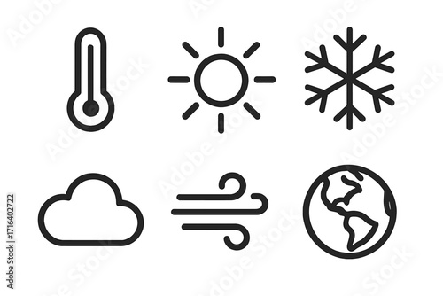 Minimalist weather icon set with thermometer, sun, snowflake, cloud, wind, and earth symbols, vector cartoon illustration, transparent background, clean design for weather apps and forecasts