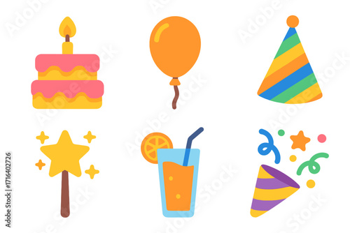 Set of colorful flat party icons for birthday celebration. Vector graphic collection includes cake, balloon, party hat, magic wand, juice drink, and confetti popper.