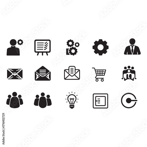Collection of business and technology icons representing various concepts such as planning communication and teamwork